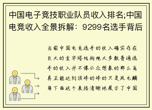 中国电子竞技职业队员收入排名;中国电竞收入全景拆解：9299名选手背后的收入鸿沟
